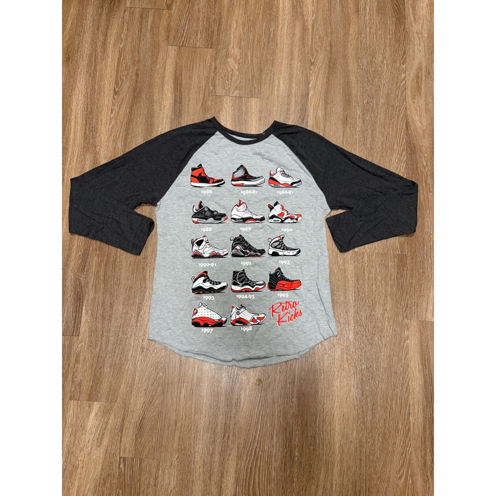 Retro Kicks Basketball Sneaker History Raglan Baseball Tee Gray‎ Mens M L